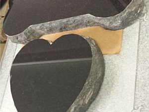 Polished black granite BONE: 7" x 14" x 2", Polished black granite HEART 8" X 8"...10" x 10" ... 12" x12"
